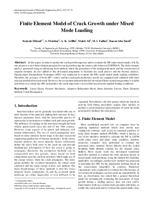 (PDF) Finite Element Model of Crack Growth under Mixed Mode Loading
