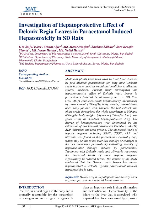 Investigation of Hepatoprotective Effect of Delonix Regia Leaves in Paracetamol Induced Hepatotoxicity in SD Rats