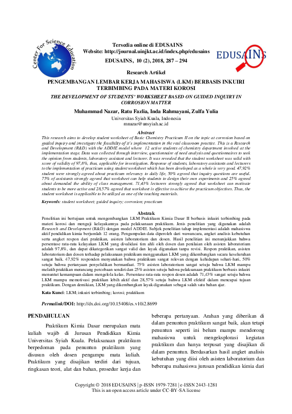 (PDF) The Development of Students’ Worksheet Based on Guided Inquiry in ...