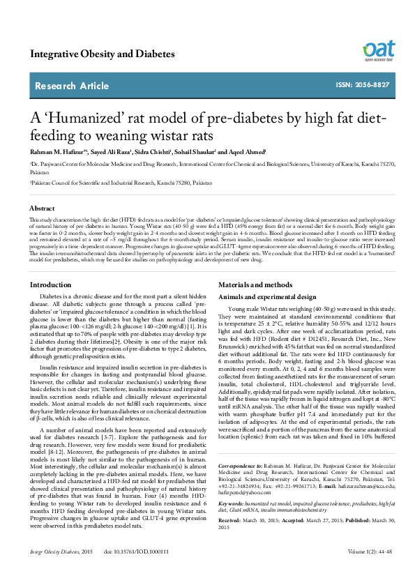 (PDF) A ‘Humanized’ rat model of pre-diabetes by high fat diet-feeding ...