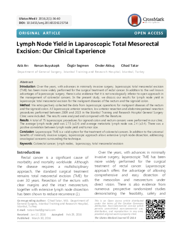 (PDF) Lymph Node Yield in Laparoscopic Total Mesorectal Excision: Our ...
