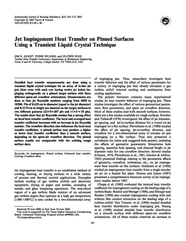 (PDF) Jet Impingement Heat Transfere on Pinned Surface Using a ...