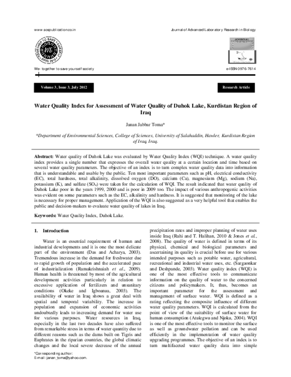 (PDF) Water Quality Index for Assessment of Water Quality of Duhok Lake ...