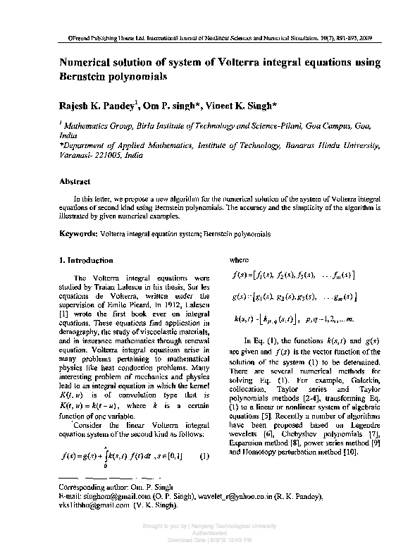 (PDF) Numerical solution of system of Volterra integral equations using ...