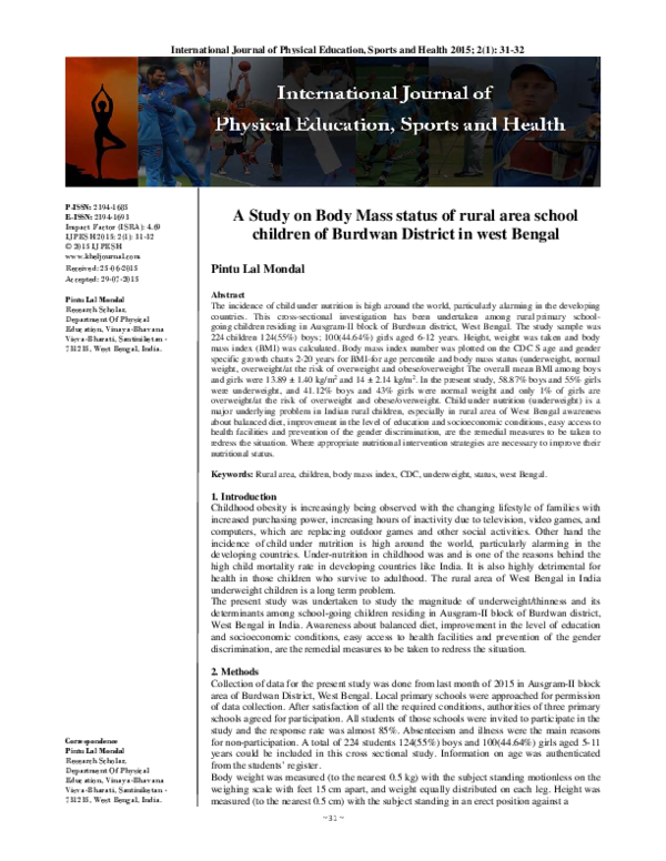 (PDF) A Study on Body Mass status of rural area school children of ...