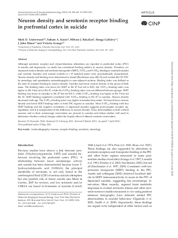 (PDF) Neuron density and serotonin receptor binding in prefrontal ...