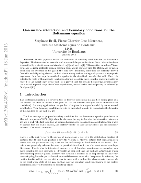 (PDF) Gas-surface interaction and boundary conditions for the Boltzmann ...