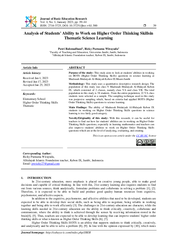 (PDF) Analysis of Students' Ability to Work on Higher Order Thinking ...