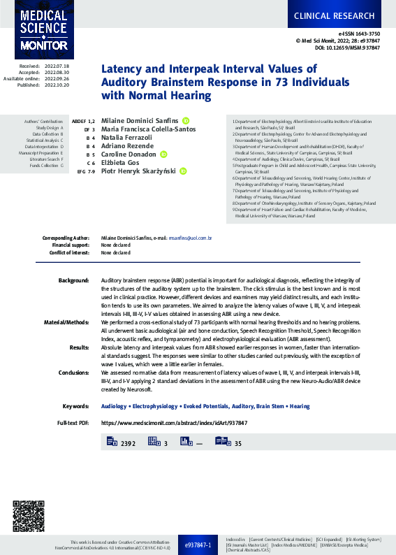 (PDF) Latency and Interpeak Interval Values of Auditory Brainstem ...