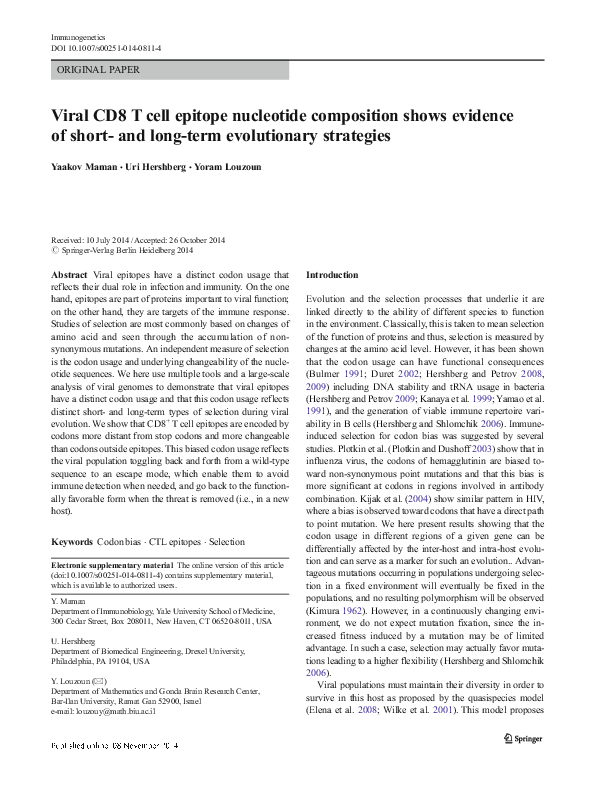 (PDF) Viral CD8 T cell epitope nucleotide composition shows evidence of ...
