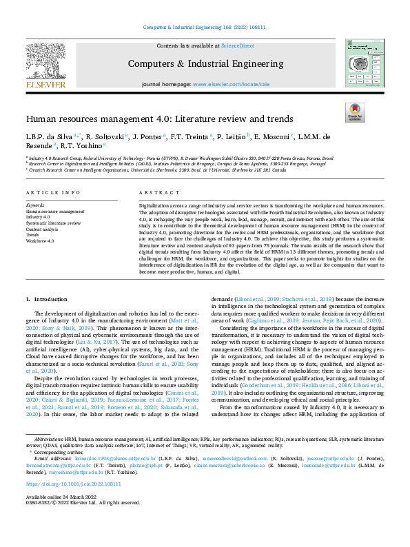 (PDF) Human resources management 4.0: Literature review and trends