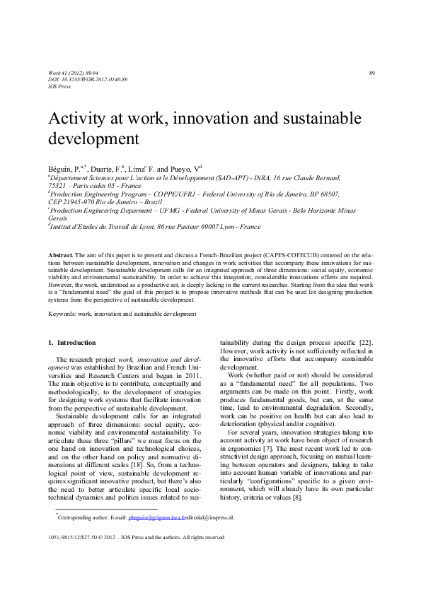 (PDF) Activity at work, innovation and sustainable development