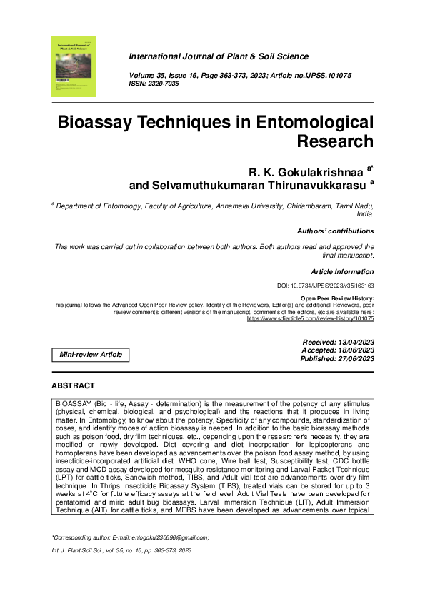 (PDF) Bioassay Techniques in Entomological Research