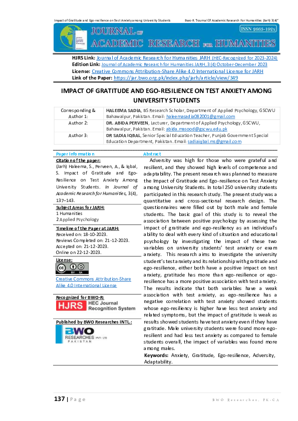 (PDF) IMPACT OF GRATITUDE AND EGO-RESILIENCE ON TEST ANXIETY AMONG ...