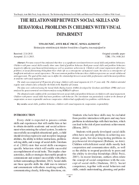(PDF) The Relationship Between Social Skills and Behavioral Problems in ...