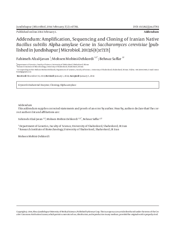 (PDF) Addendum: Amplification, Sequencing and Cloning of Iranian Native ...
