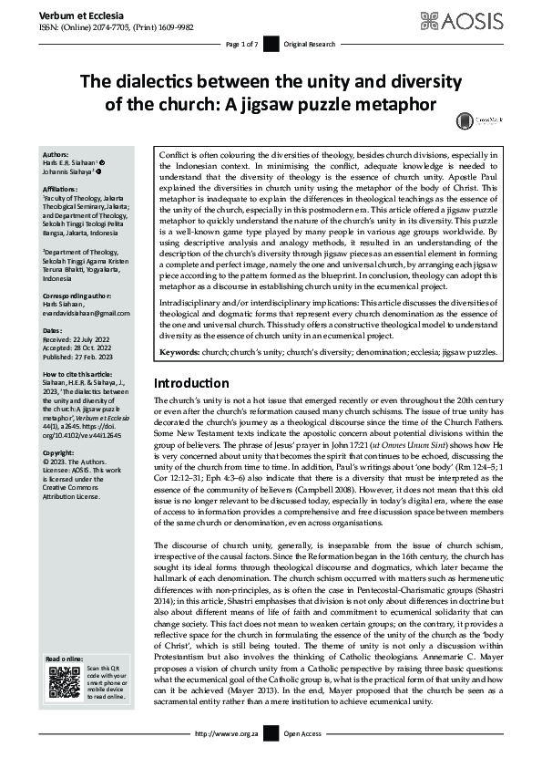 (PDF) The dialectics between the unity and diversity of the church: A ...