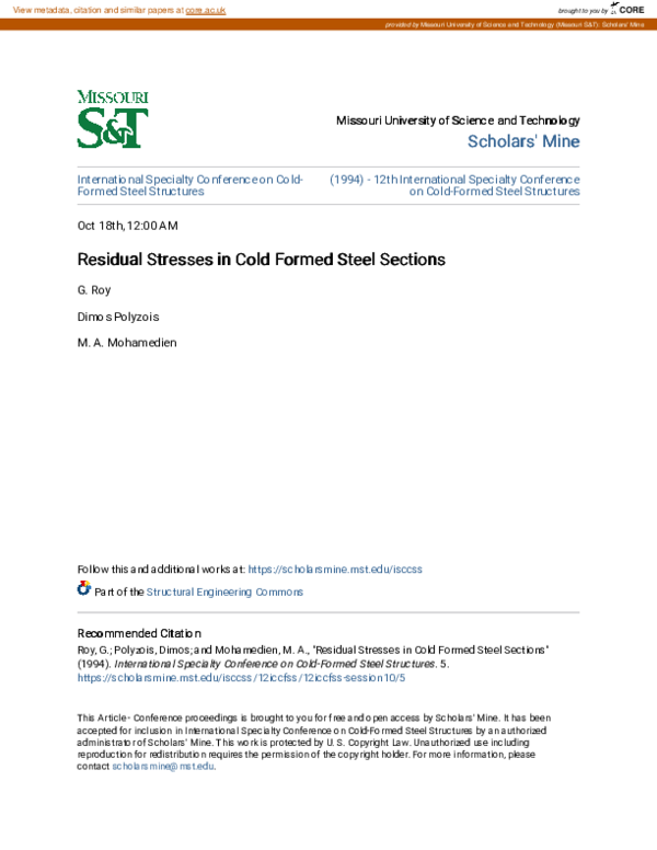 (PDF) Residual Stresses in Cold Formed Steel Sections