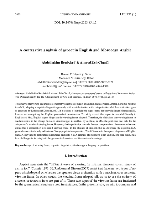 (PDF) A contrastive analysis of aspect in English and Moroccan Arabic