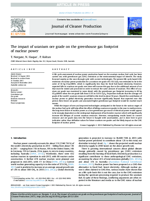(PDF) The impact of uranium ore grade on the greenhouse gas footprint ...