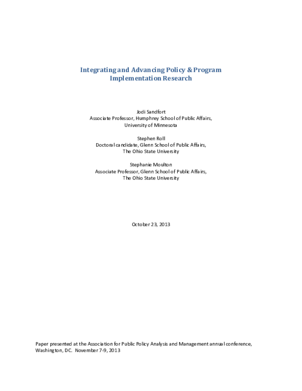 (PDF) Integrating and Advancing Policy & Program Implementation Research
