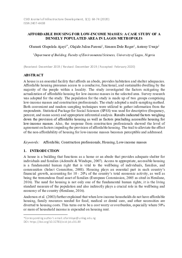 (PDF) Affordable Housing For Low-Income Masses: A Case Study of A ...