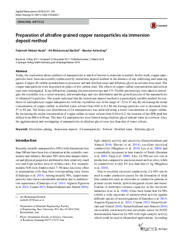 (PDF) Preparation of ultrafine grained copper nanoparticles via ...