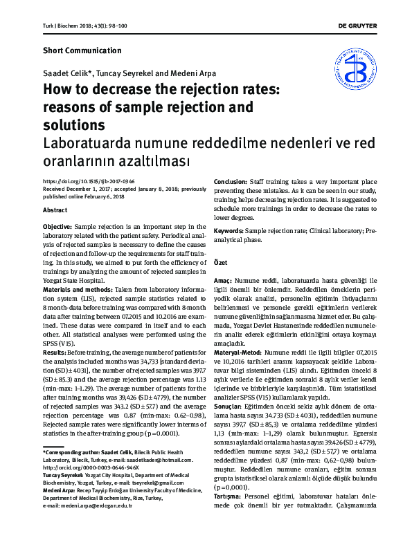 (PDF) How to decrease the rejection rates: reasons of sample rejection ...