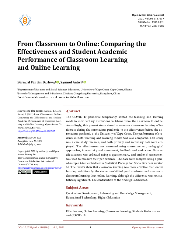 (PDF) From Classroom to Online: Comparing the Effectiveness and Student ...