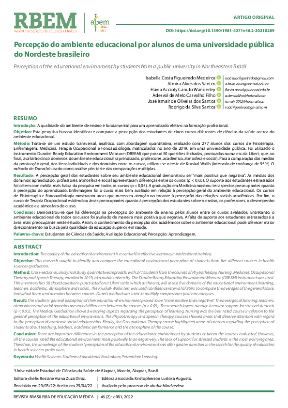 (PDF) Percepção do ambiente educacional por alunos de uma universidade ...