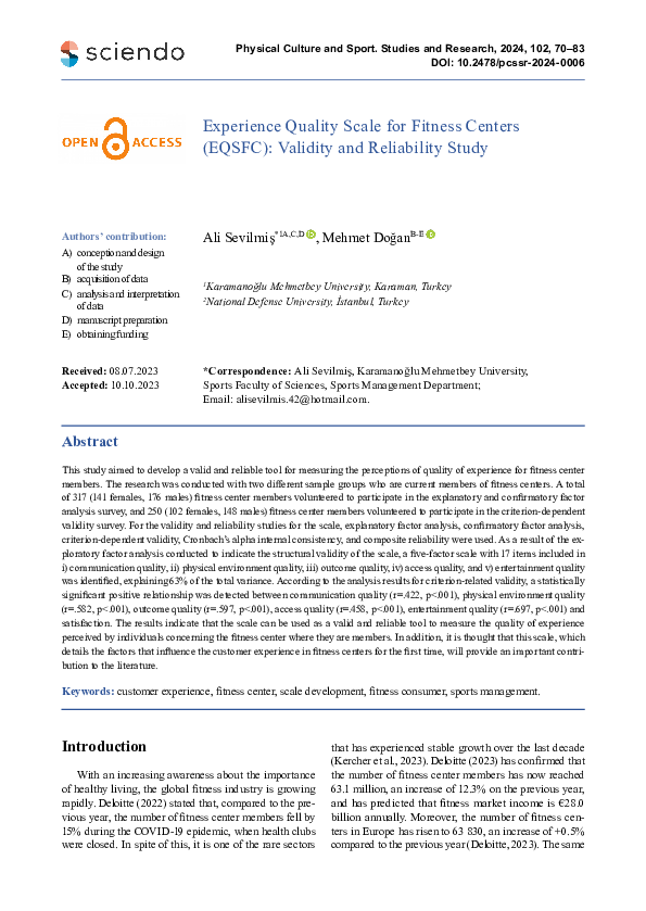 (PDF) Experience Quality Scale for Fitness Centers (EQSFC): Validity ...