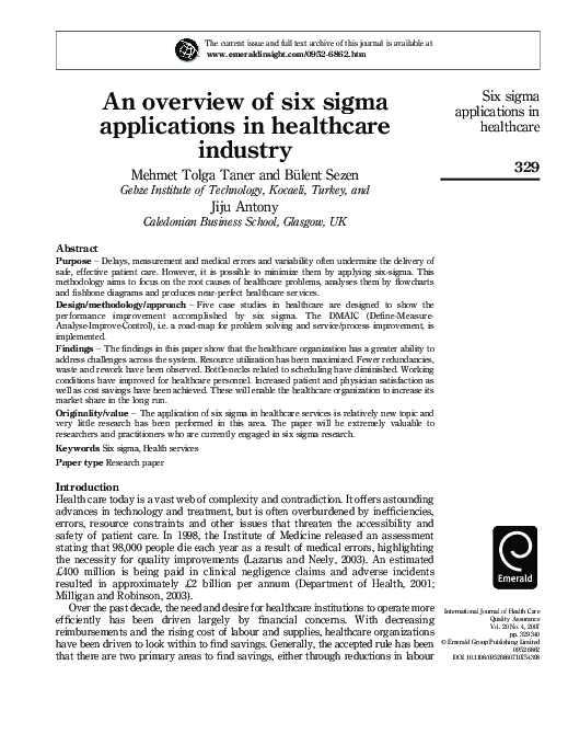 (PDF) An overview of six sigma applications in healthcare industry