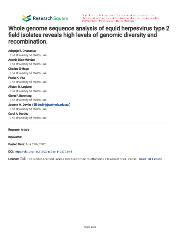 (PDF) Whole genome sequence analysis of equid herpesvirus type 2 field ...