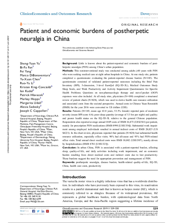 (PDF) Patient and economic burdens of postherpetic neuralgia in China