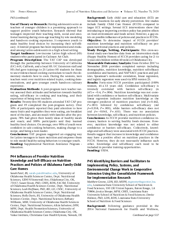 P44 Influences of Provider Nutrition Knowledge and Self-Efficacy on Nutrition Practices and Policies of Oklahoma Family Child Care Homes