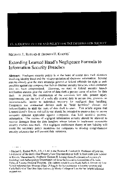 (PDF) Extending Learned Hand's Negligence Formula to Information ...