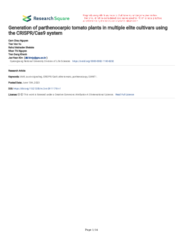 (PDF) Generation of parthenocarpic tomato plants in multiple elite ...