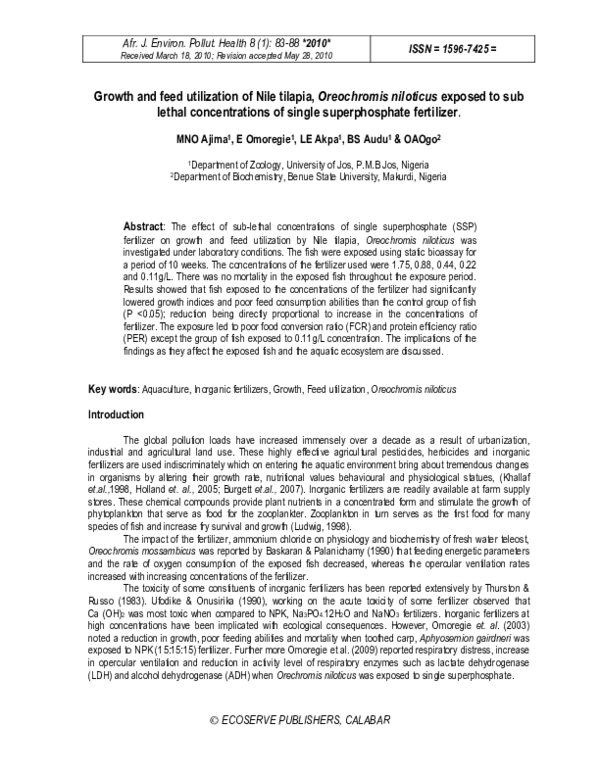 (PDF) Growth and Feed Utilization of Nile Tilapia, Oreochromis ...