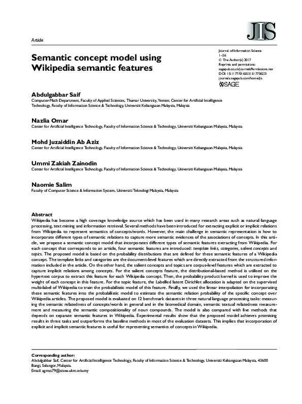 (PDF) Semantic concept model using Wikipedia semantic features