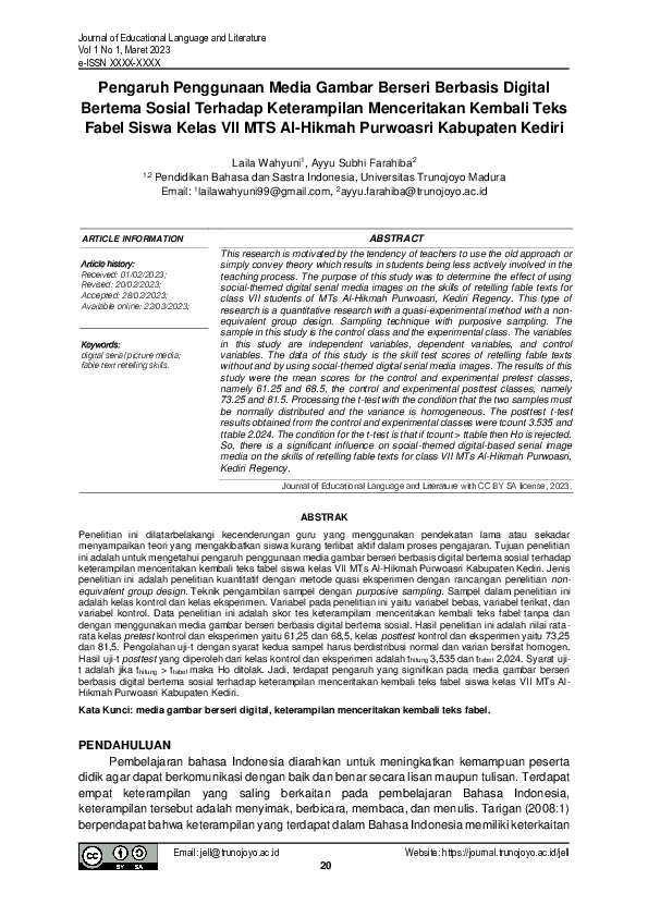 Pengaruh Penggunaan Media Gambar Berseri Berbasis Digital Bertema Sosial Terhadap Keterampilan Menceritakan Kembali Teks Fabel Siswa Kelas VII MTS Al-Hikmah Purwoasri Kabupaten Kediri