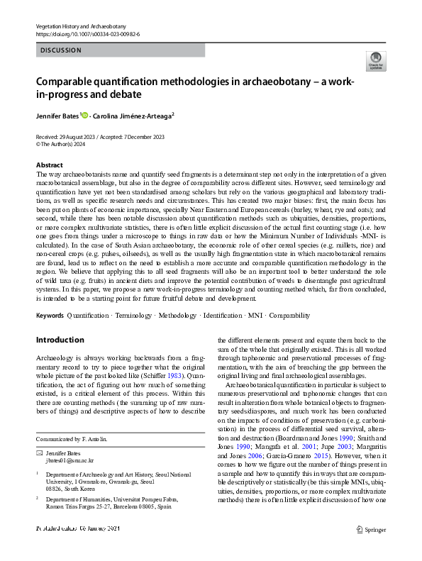 (PDF) Comparable quantification methodologies in archaeobotany -a work ...