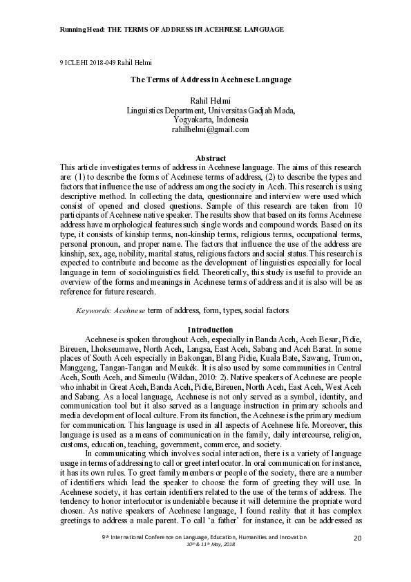 (PDF) The Terms of Address in Acehnese Language