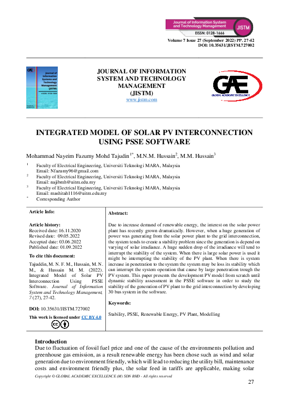 (PDF) Integrated Model of Solar PV Interconnection Using Psse Software