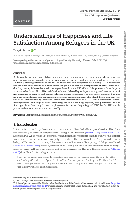 (PDF) Understandings of Happiness and Life Satisfaction Among Refugees ...