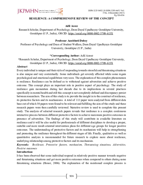 (PDF) RESILIENCE: A COMPREHENSIVE REVIEW OF THE CONCEPT