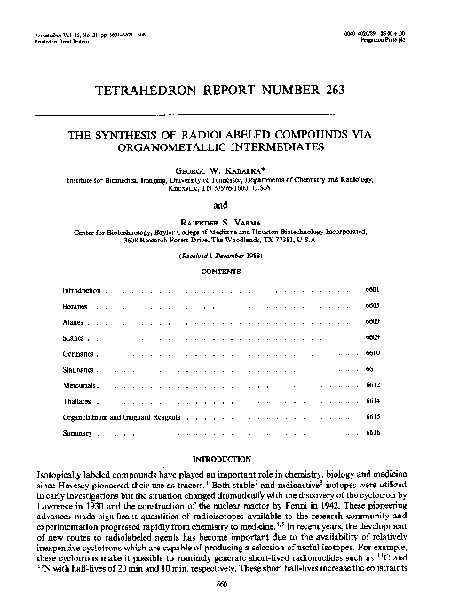 (PDF) The synthesis of radiolabeled compounds via organometallic