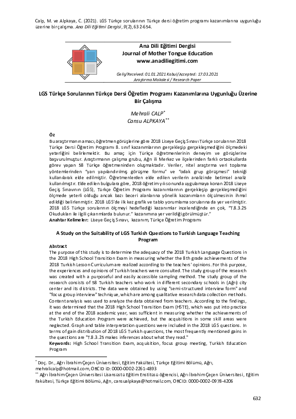 (PDF) A Study on the Suitability of LGS Turkish Questions to Turkish ...