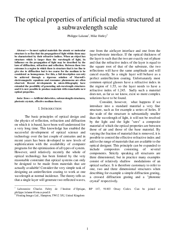 (PDF) The optical properties of artificial media structured at a ...
