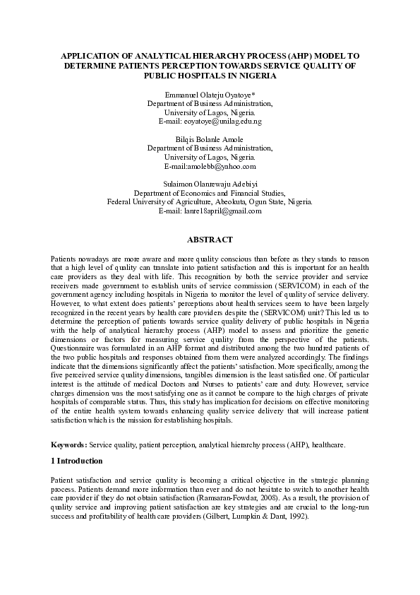 (PDF) Application of Analytical Hierarchy Process (AHP) Model to ...