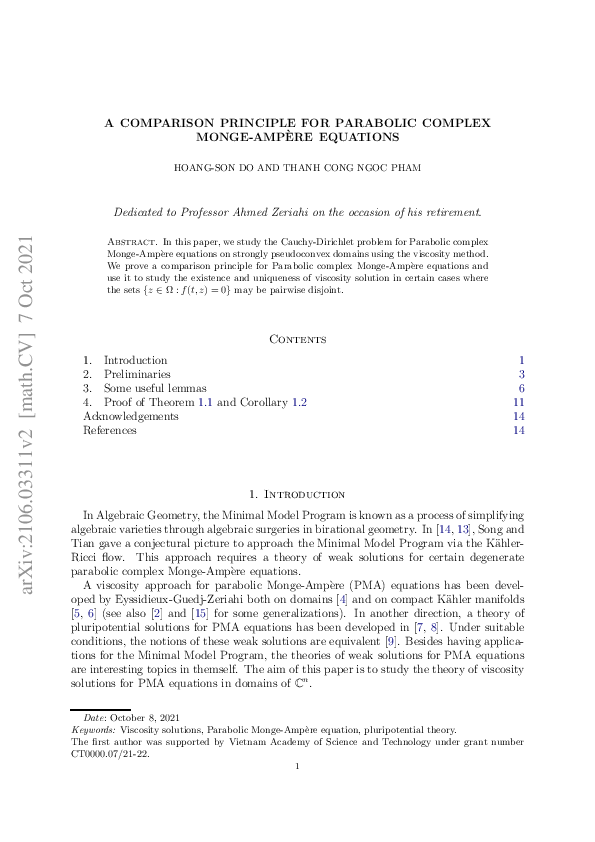 (PDF) A Comparison Principle for Parabolic Complex Monge–Ampère Equations